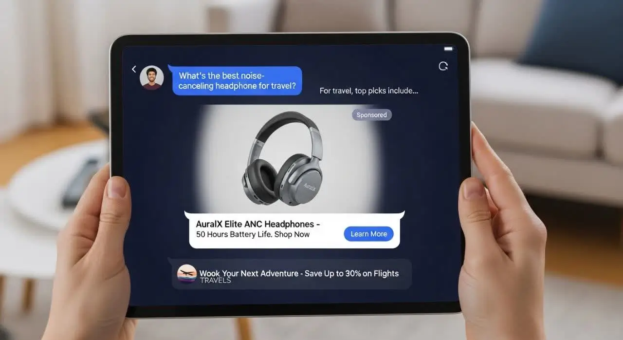 نمایش مفهومی ورود تبلیغات و پیامهای بازرگانی به محیط چتباتهای هوش مصنوعی