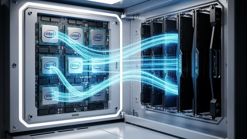 تصویری از یک سرور مرکز داده که انتقال داده پرسرعت بین پردازندههای اینتل و پردازندههای گرافیکی انویدیا را برای هوش مصنوعی و محاسبات شتابیافته نشان میدهد