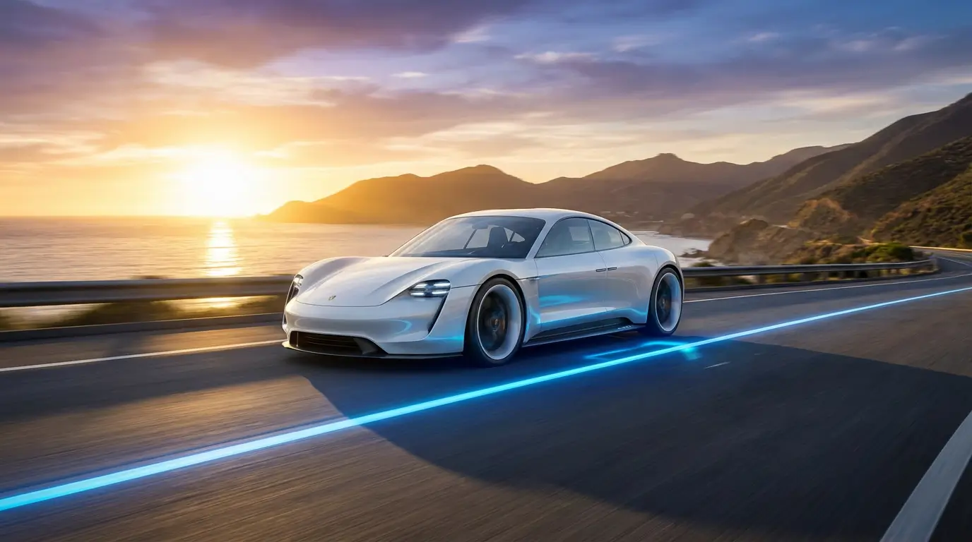 ماشین الکتریکی آیندهنگر در حال رانندگی در جادهای درخشان با قابلیت شارژ بیسیم در غروب آفتاب، نمایانگر آینده فناوری خودروهای برقی