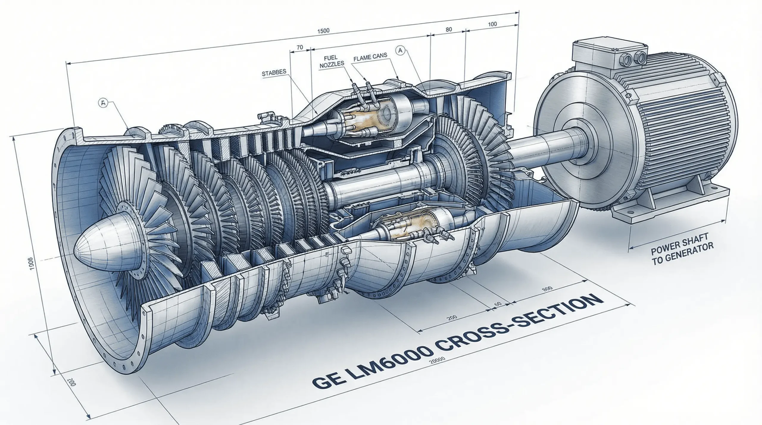 نمای مقطعی از یک توربین گازی آیرودرایو که مکانیک داخلی و اجزای تولید برق را نشان میدهد