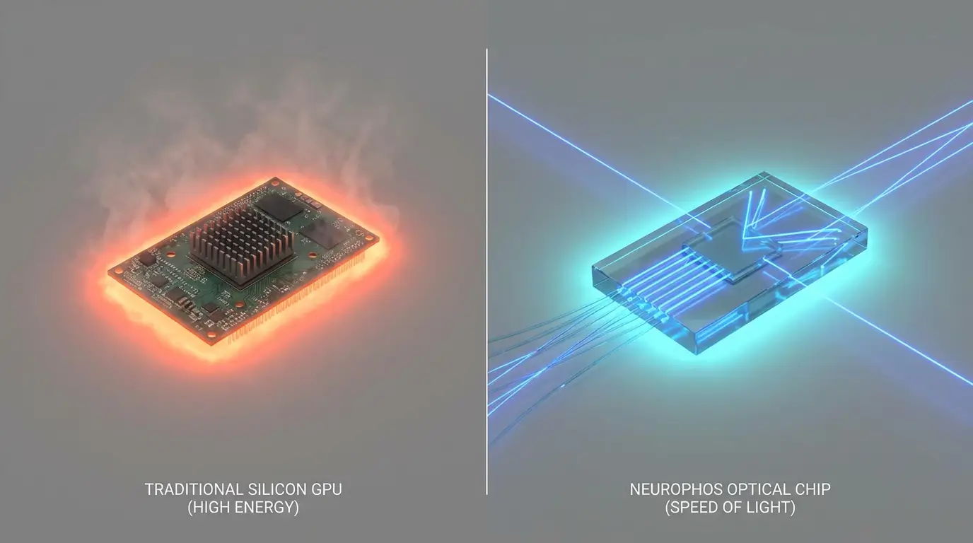 مقایسه یک پردازنده گرافیکی سنتی داغ و درخشان با جرقههای نارنجی در مقابل یک پردازنده نوری آبی خنک با پرتوهای نور سریع