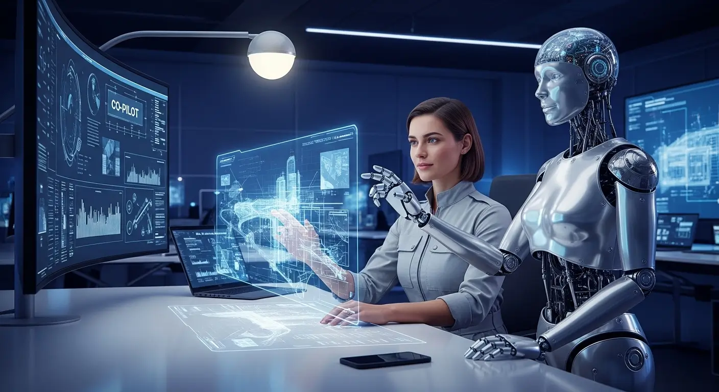 انسان و هوش مصنوعی به عنوان شریک در یک فضای کاری آیندهنگرانه همکاری میکنند و مفهوم «کمک خلبان» را برجسته میکنند