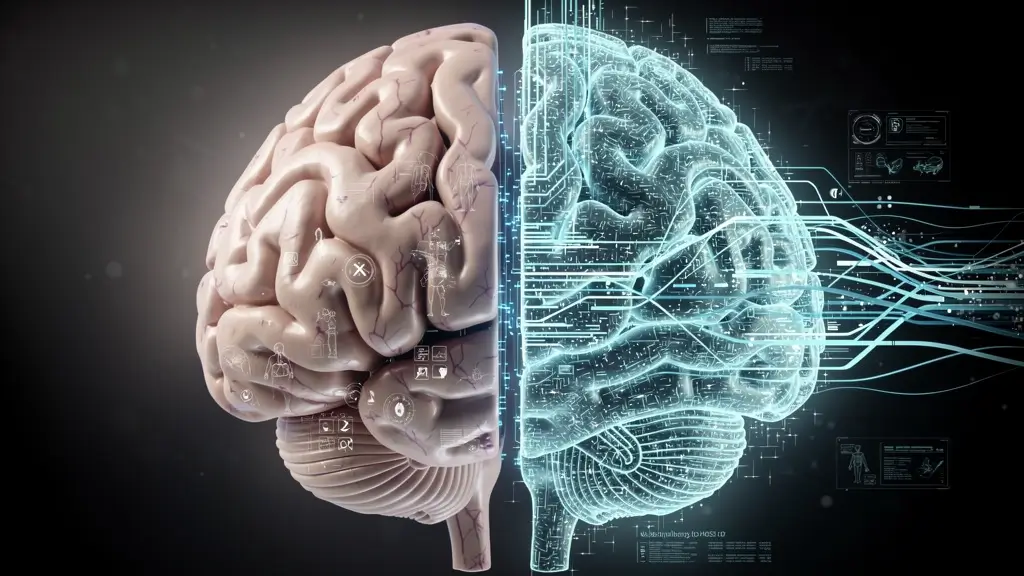 تصویر مفهومی از یک مغز، شبکه عصبی نیمه ارگانیک و نیمه دیجیتال، که نشان دهنده ادغام یادگیری عمیق با پزشکی برای HooshRooz Health است