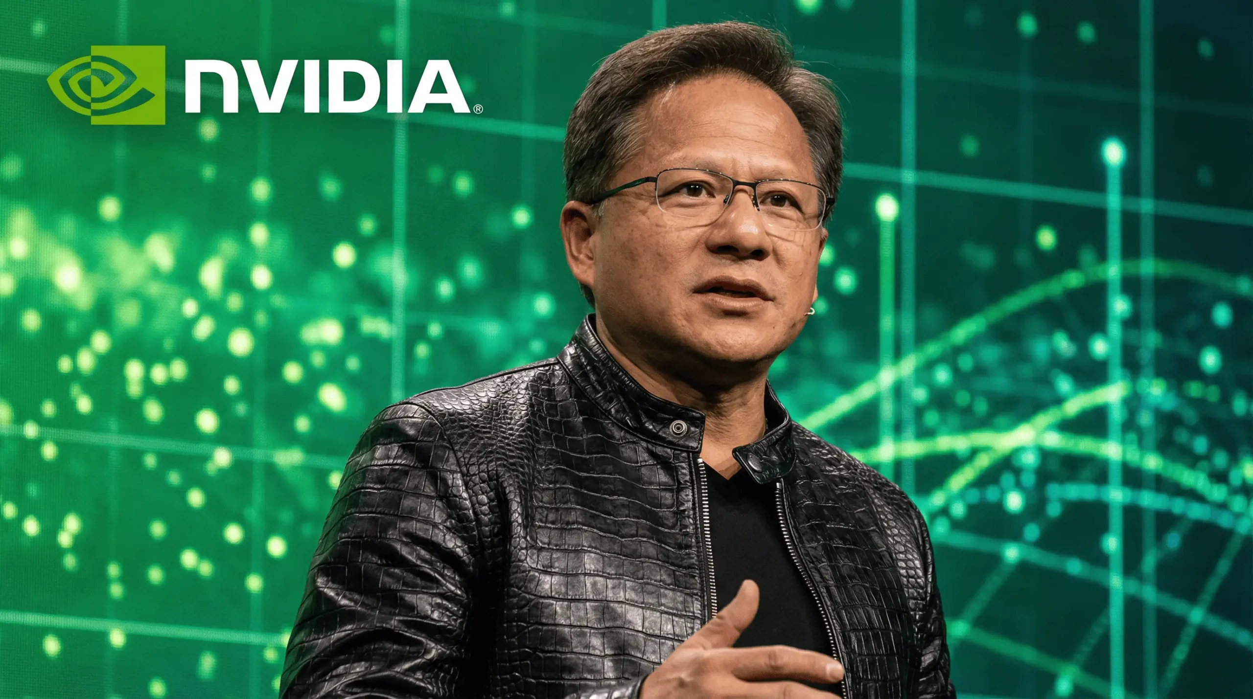 پرتره‌ی جنسن هوانگ، مدیرعامل انویدیا، در مقابل یک شبکه‌ی عصبی هولوگرافیک، که نمایانگر چشم‌انداز استراتژیک او برای امپراتوری هوش مصنوعی است