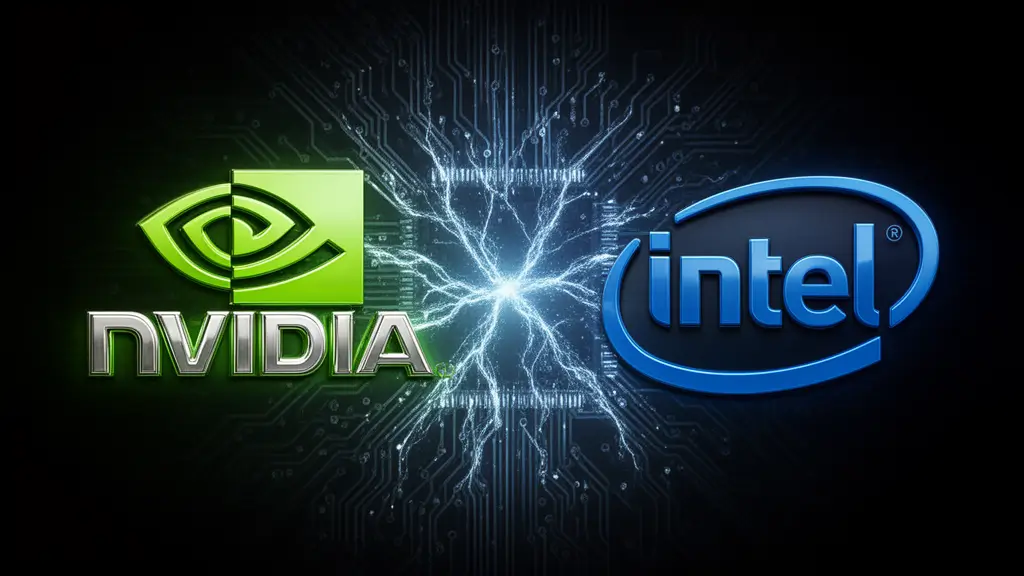 لوگوهای انویدیا و اینتل که در کنار هم میدرخشند، نمادی از یک همکاری تاریخی برای ساخت پردازندههای جدید CPU و GPU یکپارچه هستند