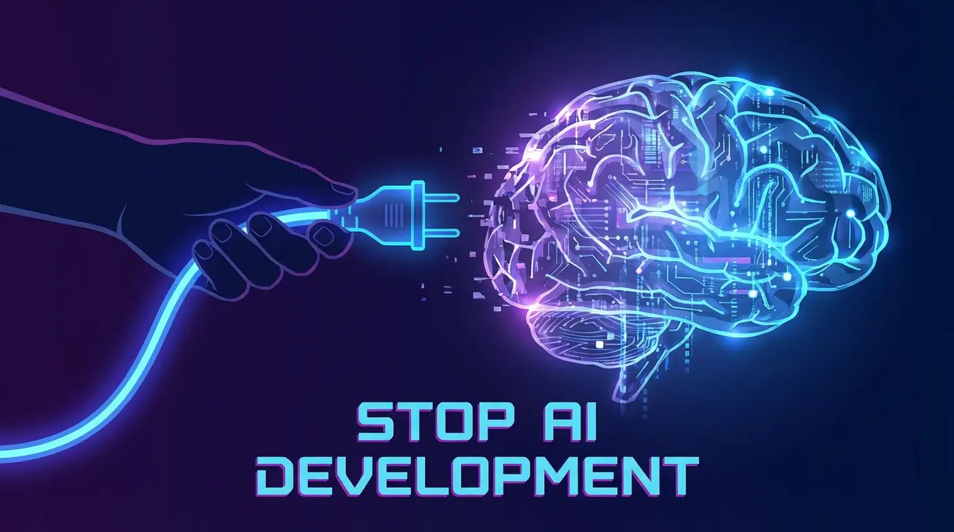 دست انسانی که سیم برق را از یک مغز درخشان و دیجیتال بیرون میکشد، نمادی از مفهوم توقف توسعه هوش مصنوعی