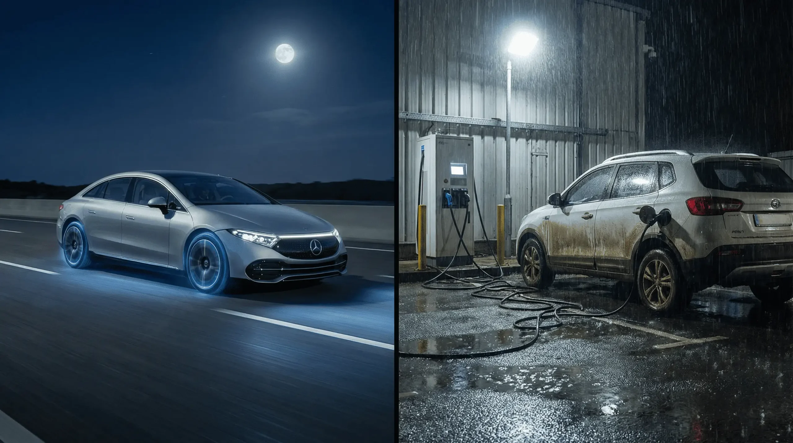 تصویری مقایسهای که راحتی شارژ بیسیم جادهای را در مقابل دردسرهای ایستگاههای شارژ کابلی مرسوم برای خودروهای برقی نشان میدهد