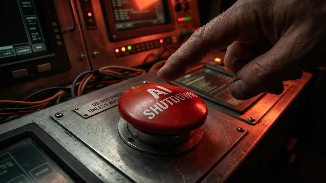 انگشت یک فرد در حال تردید روی دکمه قرمز اضطراری «خاموش کردن هوش مصنوعی» که نشان‌دهنده تصمیم حیاتی و دشوار برای متوقف کردن پیشرفت هوش مصنوعی است