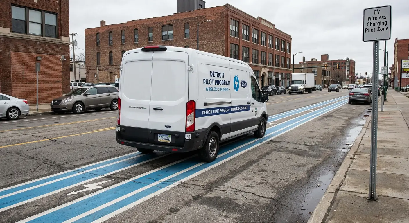 یک ون برقی در حال آزمایش یک جاده شارژ بیسیم در دنیای واقعی به عنوان بخشی از یک پروژه آزمایشی در یک شهر